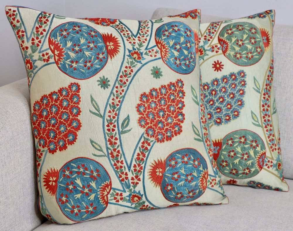 Cadeaux - Pomegranate Blue Floral Design Silk Suzani Cushion - HERITAGE GENEVE