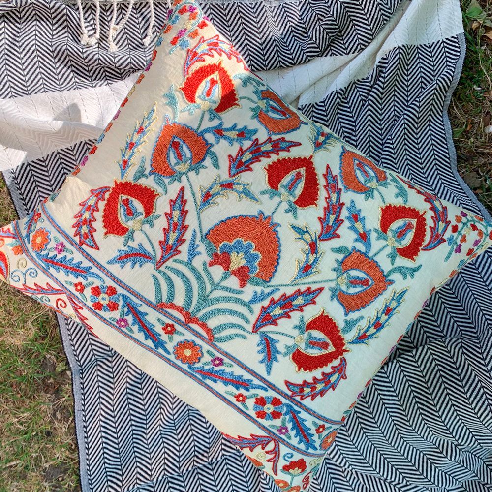 Cushions - Winter Aconite Flower Design Silk Suzani Cushion - HERITAGE GENEVE