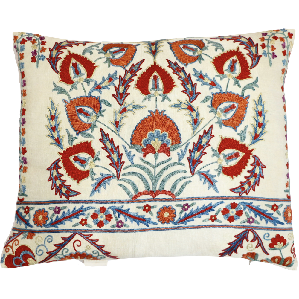 Cushions - Winter Aconite Flower Design Silk Suzani Cushion - HERITAGE GENEVE