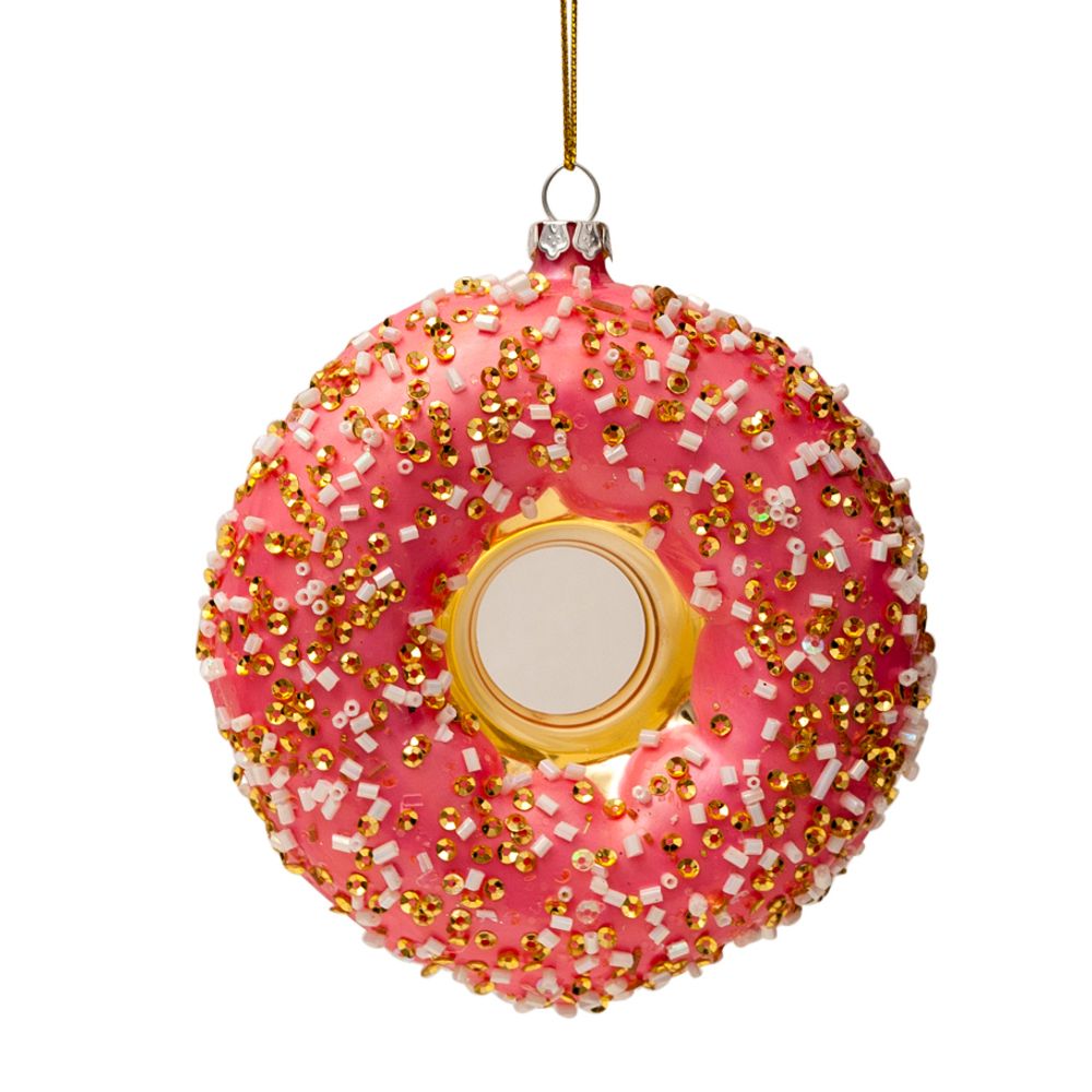 Guirlandes et boules de Noël -  Décoration suspendue de Noël en verre donut rose avec décoration H11cm - VONDELS AMSTERDAM