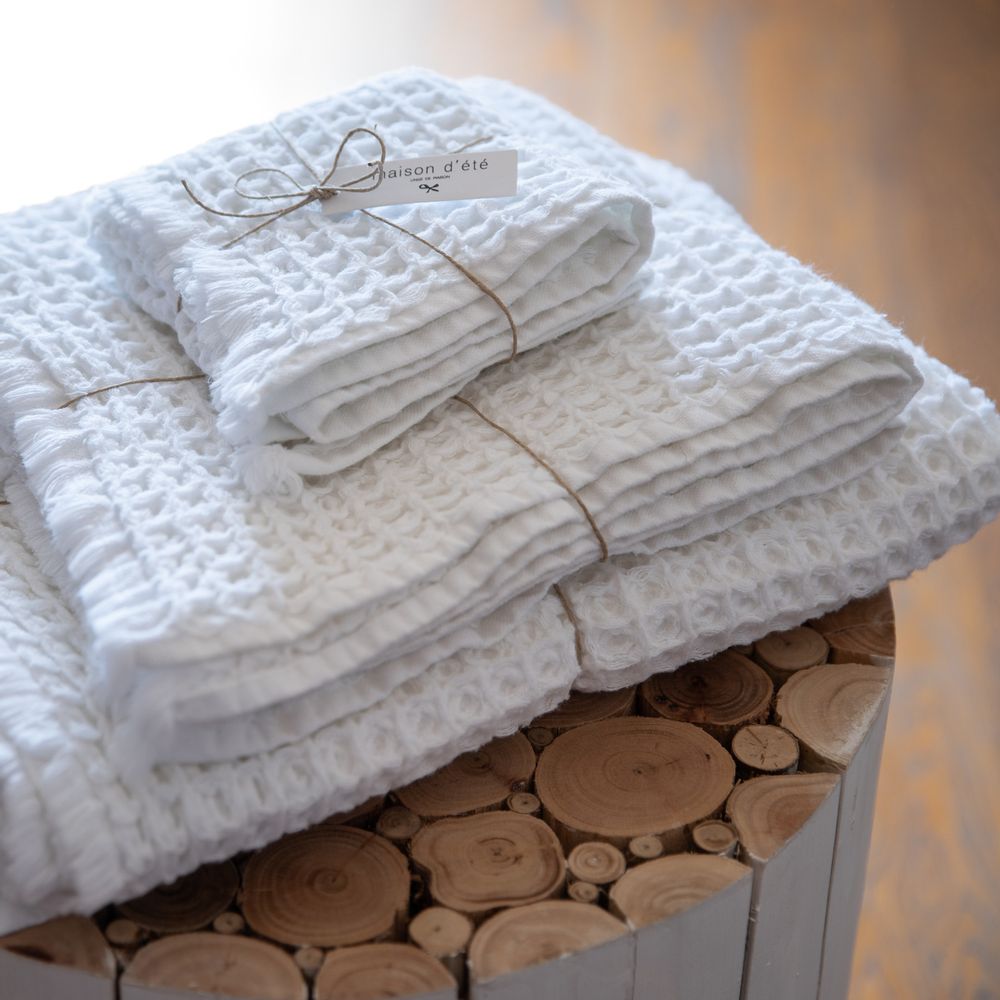 Serviettes de bain - Serviette de toilette coton Waffle blanche - MAISON D'ÉTÉ
