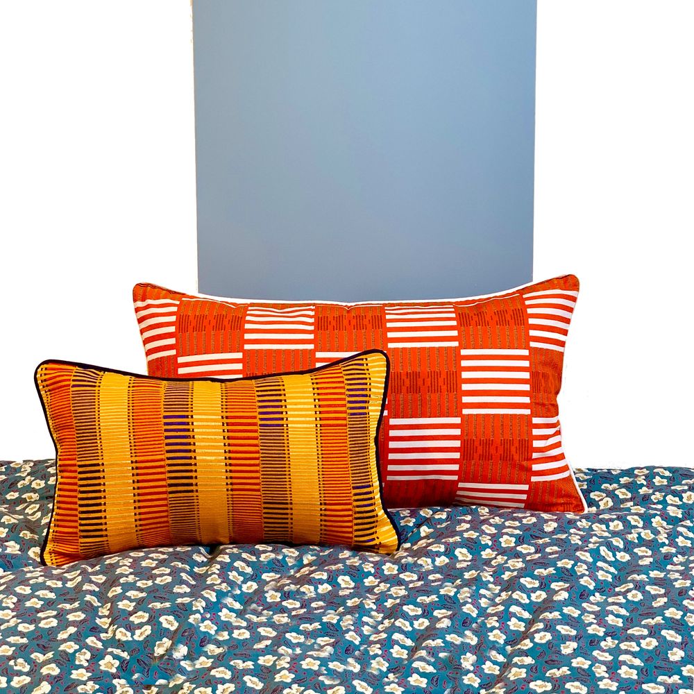 Fabric cushions - Blue and orange cushions woven in Ivory Coast - COUSSIN D'AFRIQUE