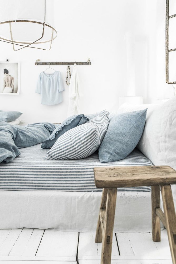 Linge de lit - Drap plat en lin rayé bleu - MAGICLINEN