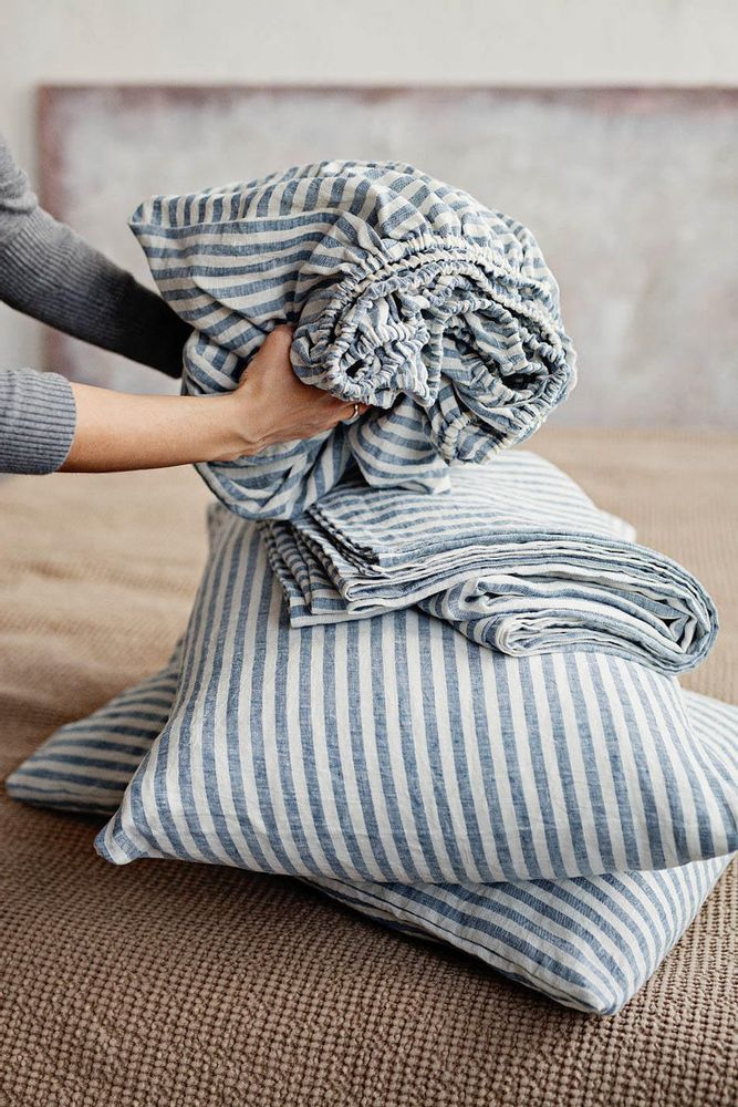 Linge de lit - Drap plat en lin rayé bleu - MAGICLINEN