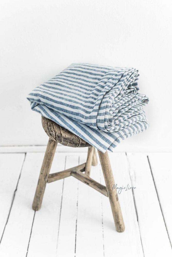 Linge de lit - Drap plat en lin rayé bleu - MAGICLINEN