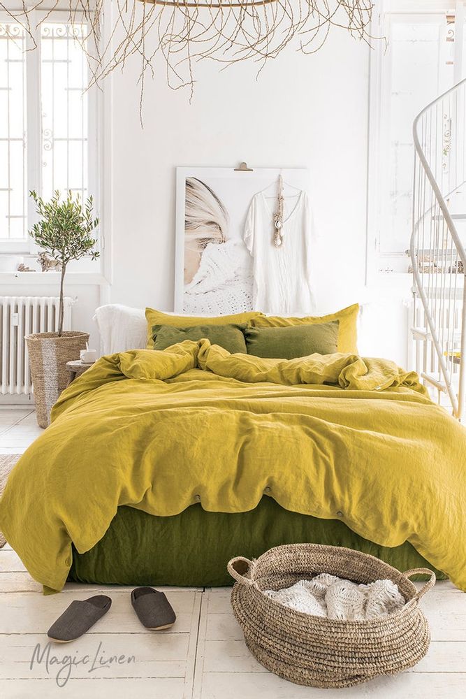 Linge de lit - Drap plat en lin vert olive - MAGICLINEN