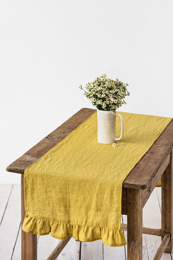 Kitchen linens - Ruffled linen table runner in Moss Yellow - MAGICLINEN