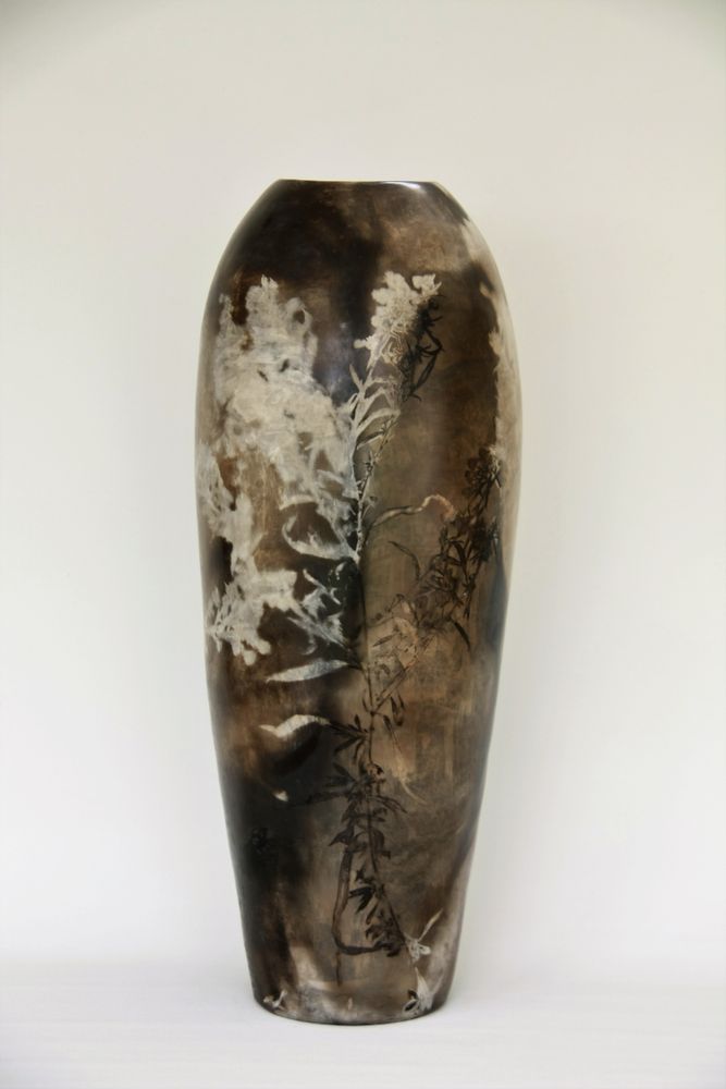 Vases - Large smoke-fired vases with plant prints. Aster, Wabi Kusa, Silva. - MARIE-ANNICK LE BLANC CERAMICS
