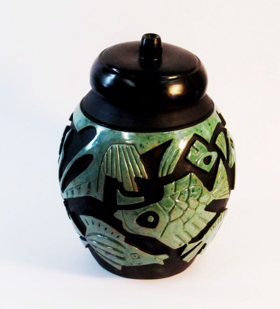 Pottery - ENIGMA cups&saucers /ENIGMA pottery GREEN FISHES - ENIGMA