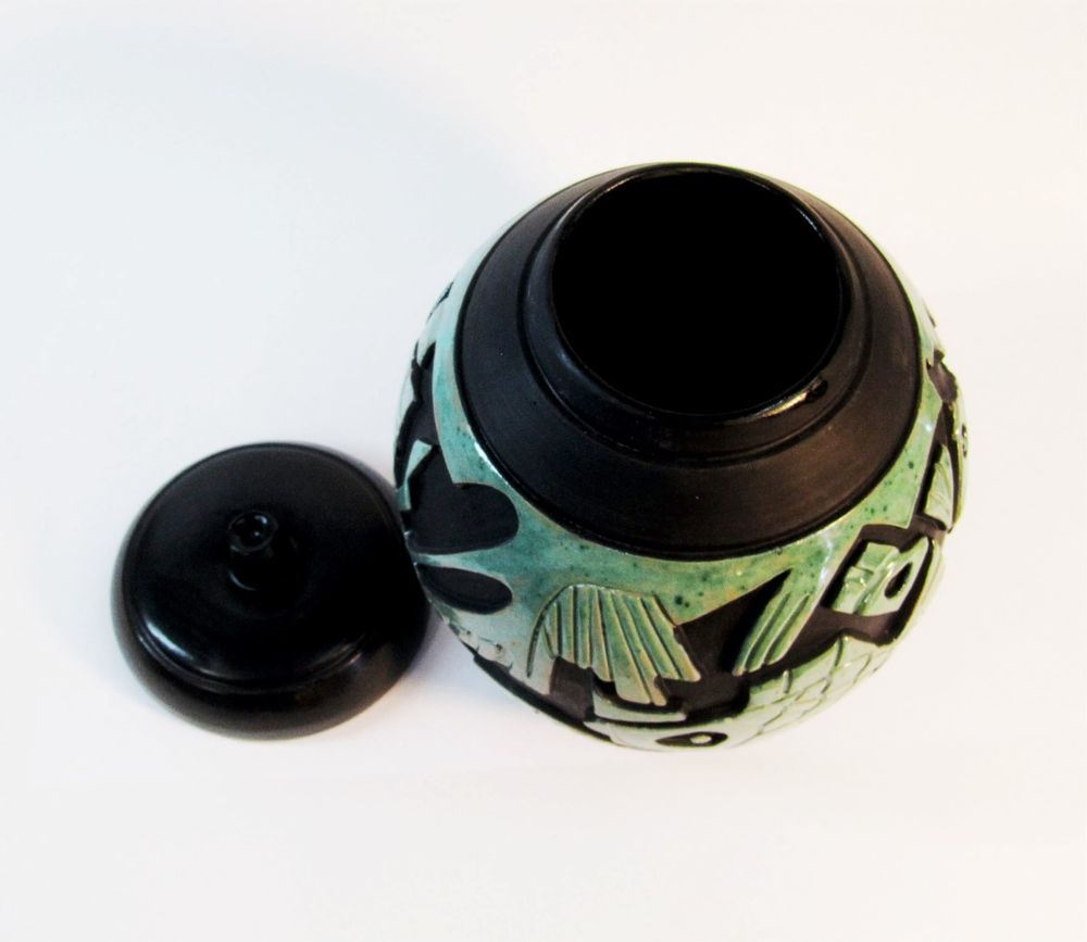 Pottery - ENIGMA cups&saucers /ENIGMA pottery GREEN FISHES - ENIGMA