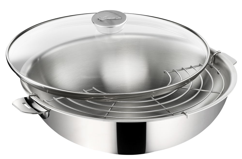 Poêles - SALVASPAZIO Wok 30cm Inox à poignée amovible + couvercle + grille - LAGOSTINA