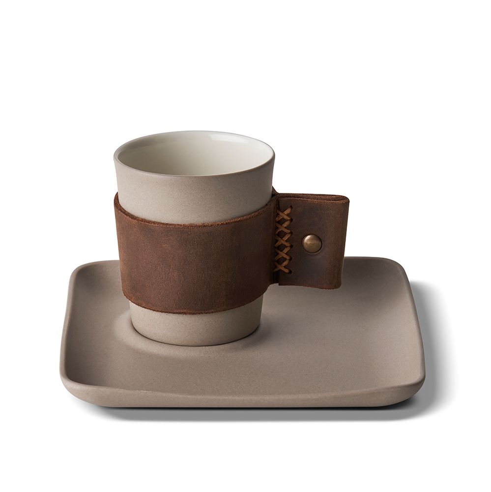Mugs - Leather Handled Espresso Cup - ESMA DEREBOY HANDMADE PORCELAIN