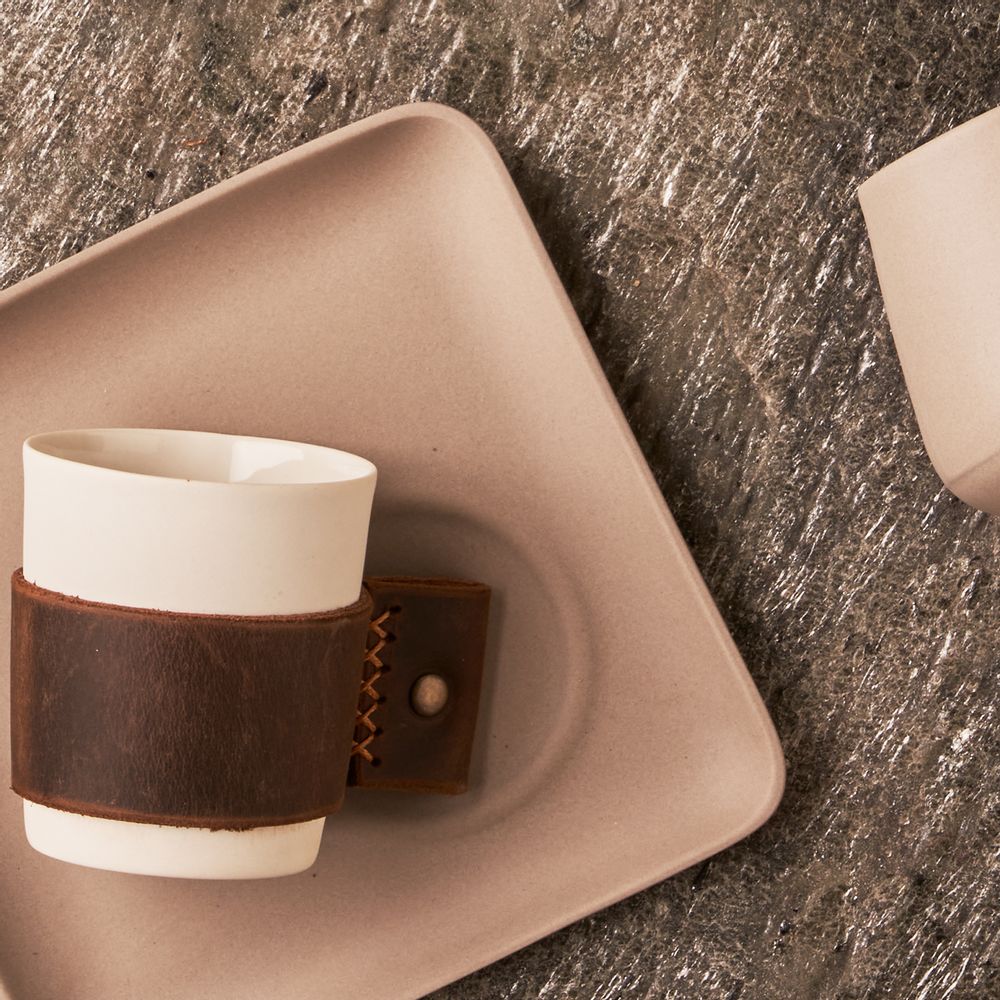 Mugs - Leather Handled Espresso Cup - ESMA DEREBOY HANDMADE PORCELAIN