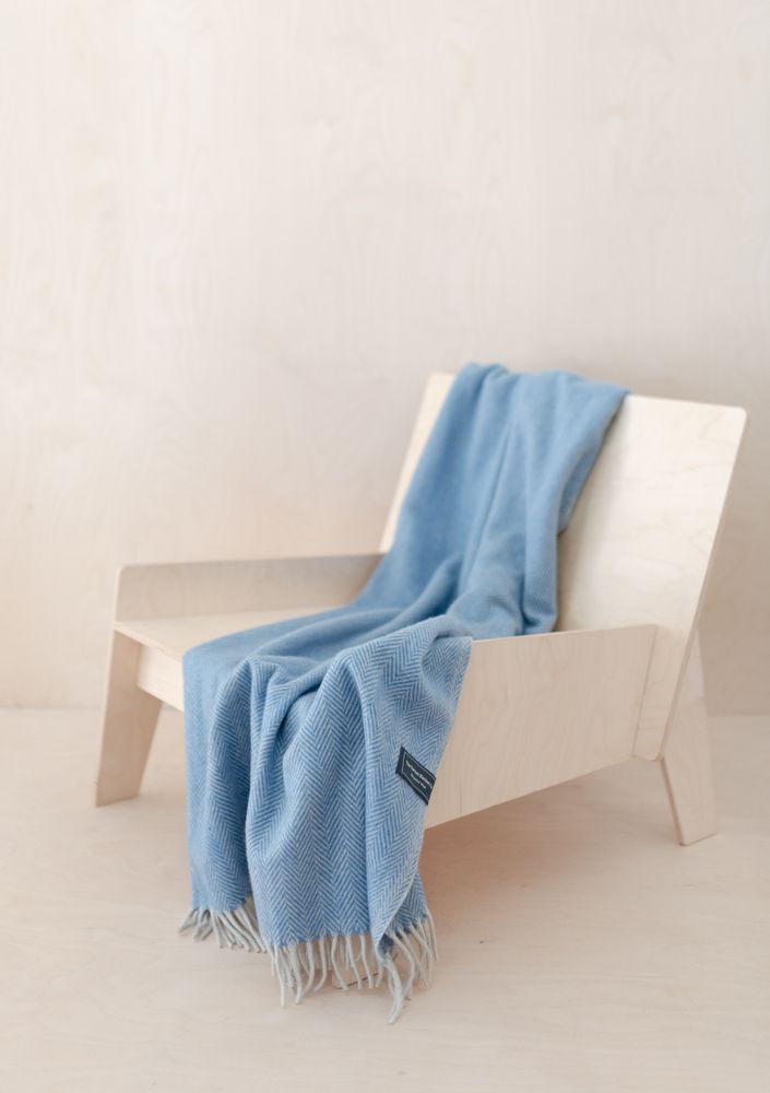 Throw blankets - Recycled Wool Blanket in Sky Blue Herringbone - THE TARTAN BLANKET CO.