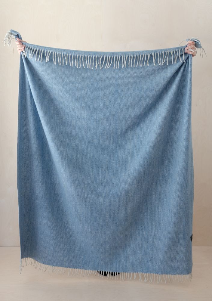 Throw blankets - Recycled Wool Blanket in Sky Blue Herringbone - THE TARTAN BLANKET CO.
