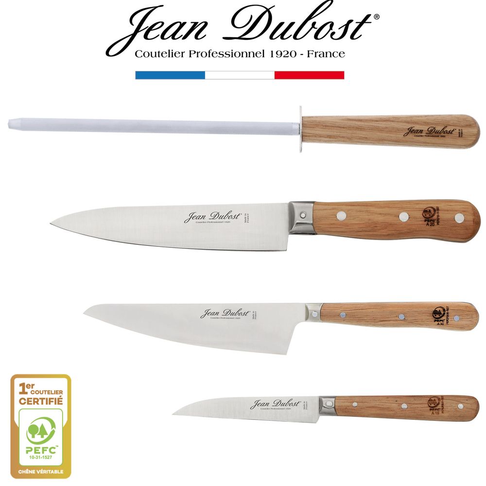 Couteaux - Gamme 1920 chêne certifié PEFC en Sacoche cuir véritable - JEAN DUBOST
