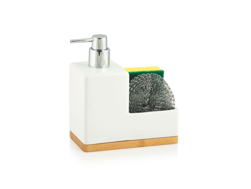 Kitchen utensils - Ceramic and bamboo soap dispenser w/sponge and scrubber CC70121 - ANDREA HOUSE
