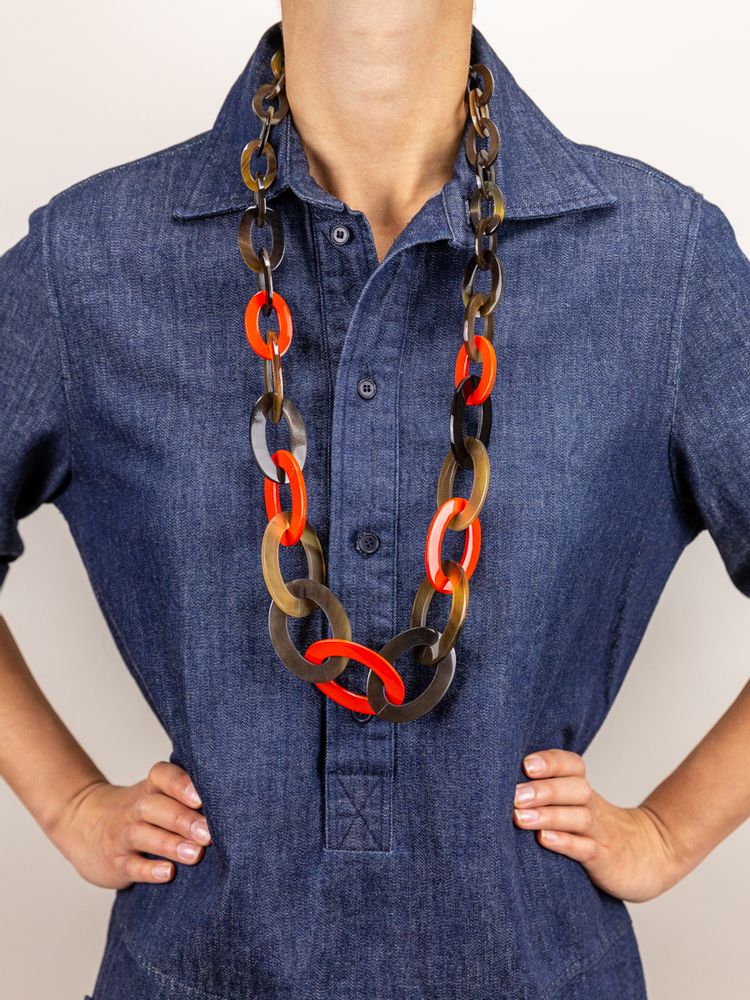 Bijoux - Sautoir anneaux plats ovales de 3 tailles en corne - L INDOCHINEUR X RIVÊT