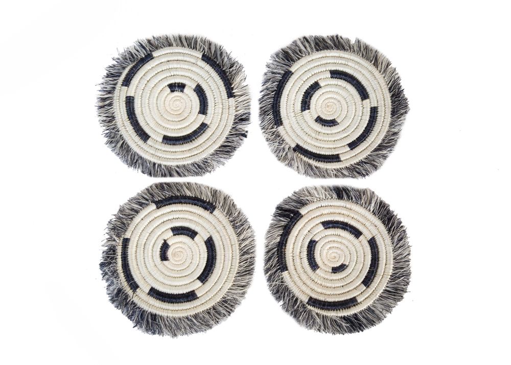 Stemware - Fringed Black + White Geo Drink Coasters, Set of 4 - ALL ACROSS AFRICA + KAZI
