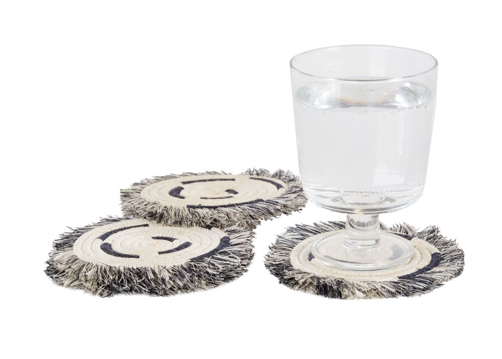 Stemware - Fringed Black + White Geo Drink Coasters, Set of 4 - ALL ACROSS AFRICA + KAZI