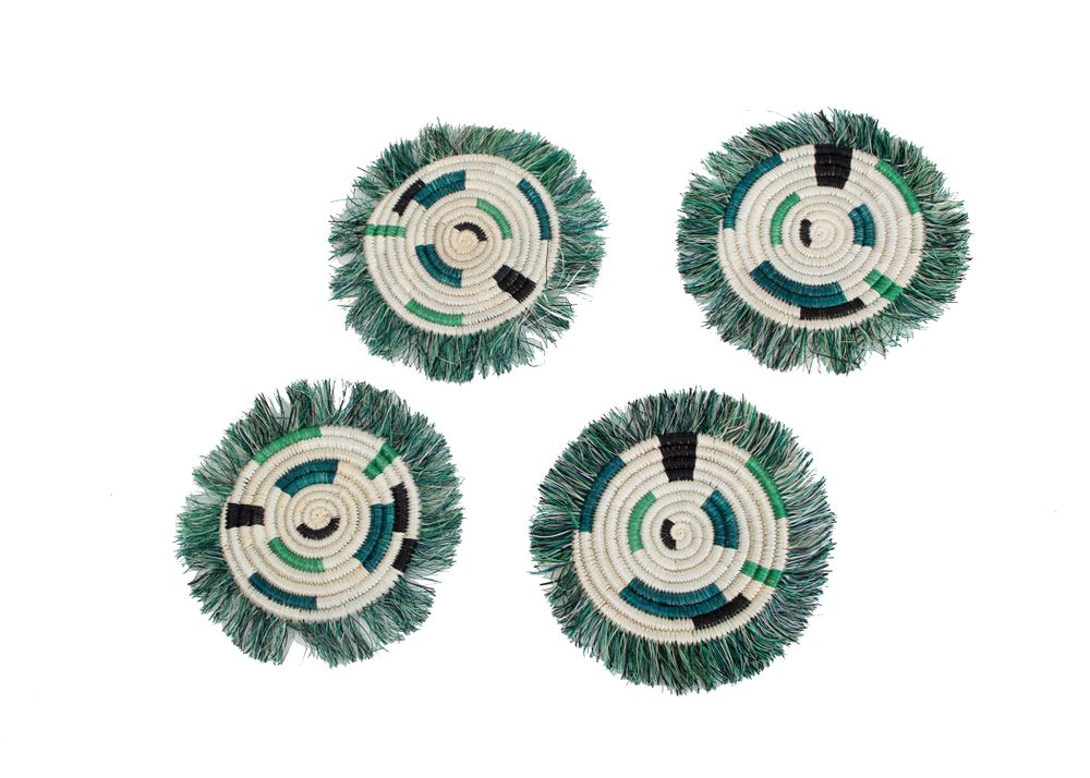 Verres à pied - Lot de 4 dessous de verre Geo à franges Vert pastel - ALL ACROSS AFRICA + KAZI