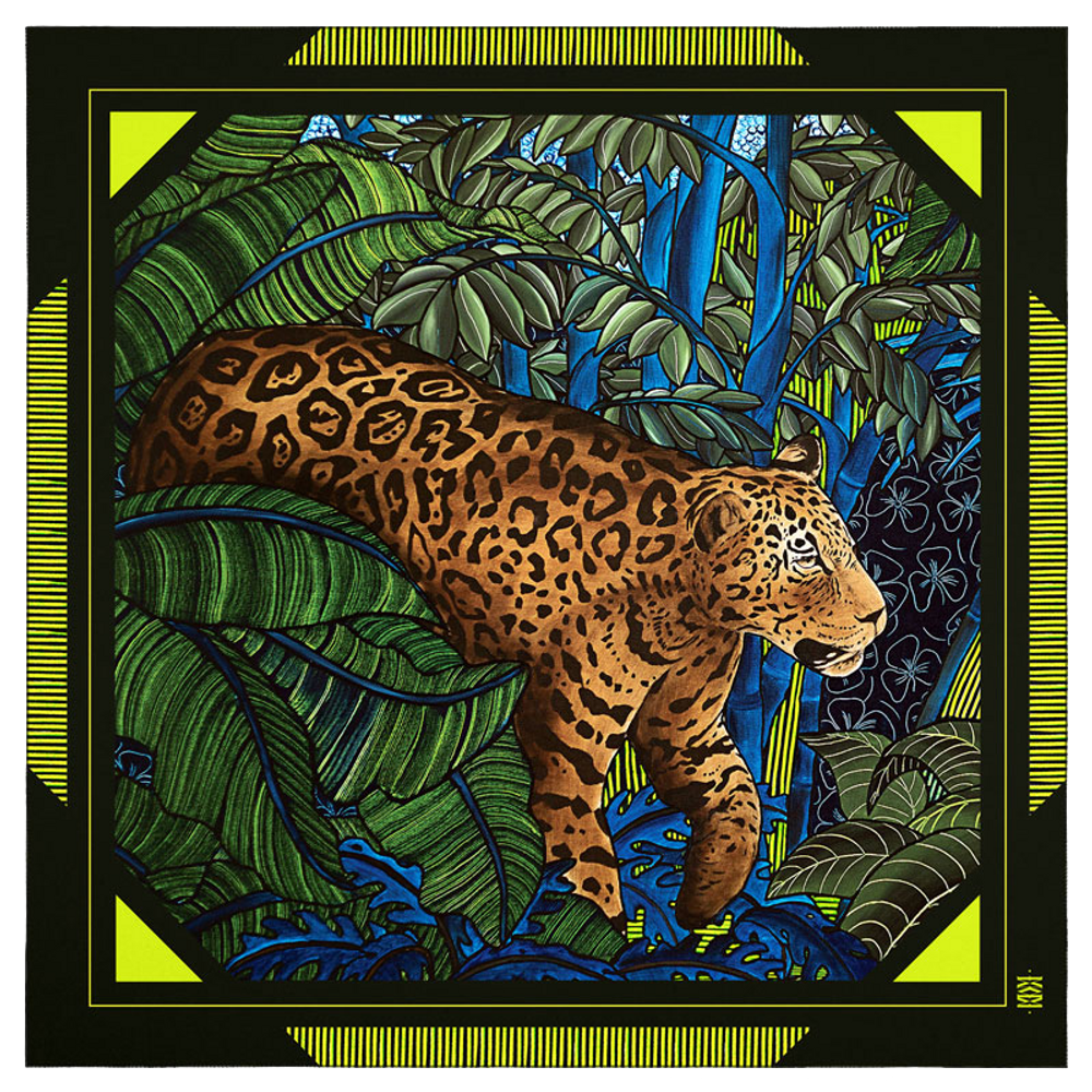 Tissus - Foulard / carré - FAUVE 90 - imprimé 100 % twill de soie - 90 x 90 cm - roulotté à la française - MAISON FÉTICHE