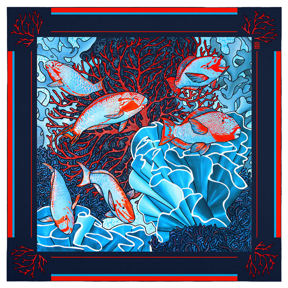 Foulards et écharpes - Carré / foulard - POISSONS PERROQUETS 90 - imprimé 100 % twill de soie - 90 x 90 cm - roulotté à la française - MAISON FÉTICHE