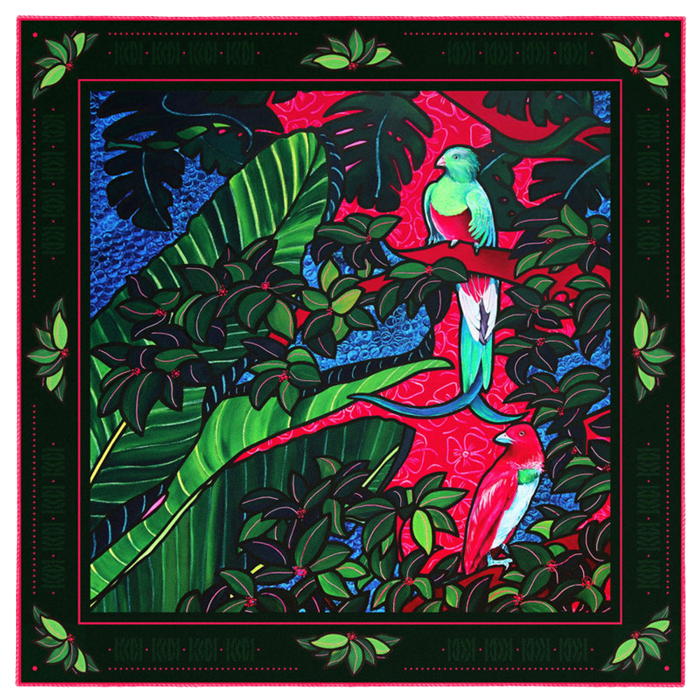 Tissus - OISEAUX DU PARADIS 45 - carré / foulard imprimé 100 % twill de soie - 45 x 45 cm - roulotté à la française - MAISON FÉTICHE
