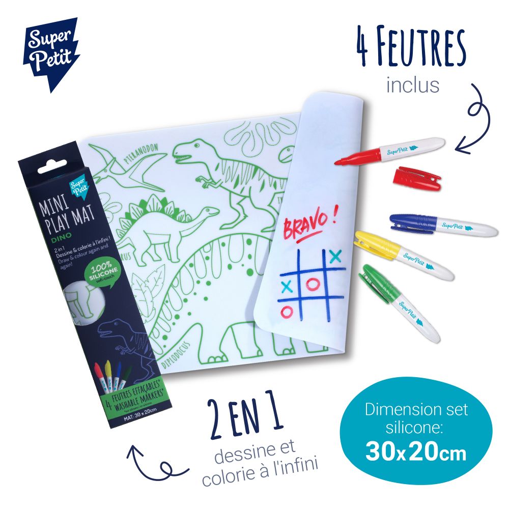 Sets de table - Silicone Mini Playmat - DINO reversible avec 4 feutres effaçables inclus - SUPERPETIT