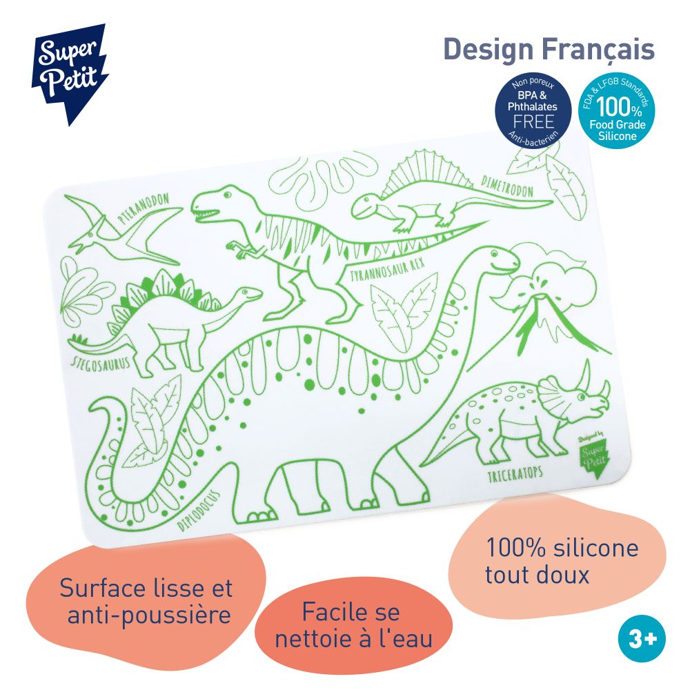 Sets de table - Silicone Mini Playmat - DINO reversible avec 4 feutres effaçables inclus - SUPERPETIT