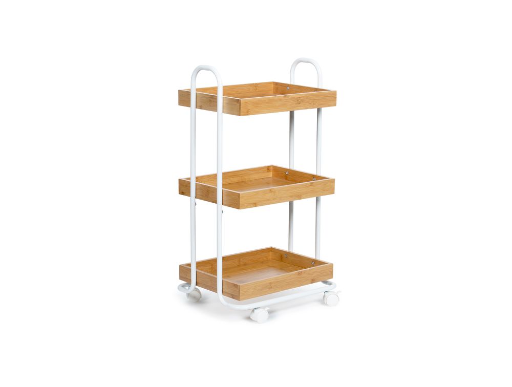 Trolleys - 3 tier shelf white metal/bamboo storage trolley CC70160 - ANDREA HOUSE
