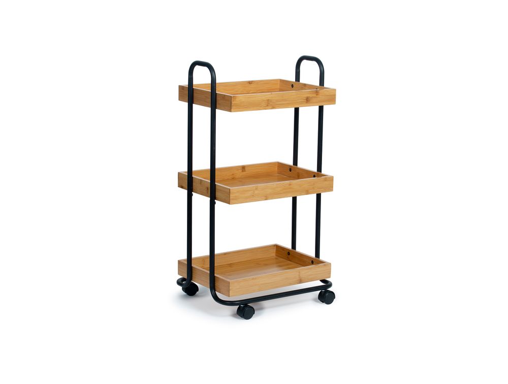 Trolleys - 3 tier shelf black metal/bamboo storage trolley CC70161 - ANDREA HOUSE