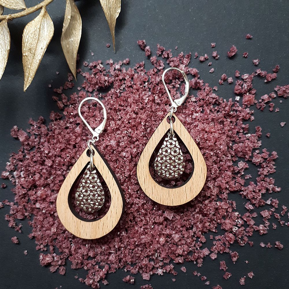 Jewelry - Earring and necklace AMANDE with wood and leather - NI UNE NI DEUX BIJOUX