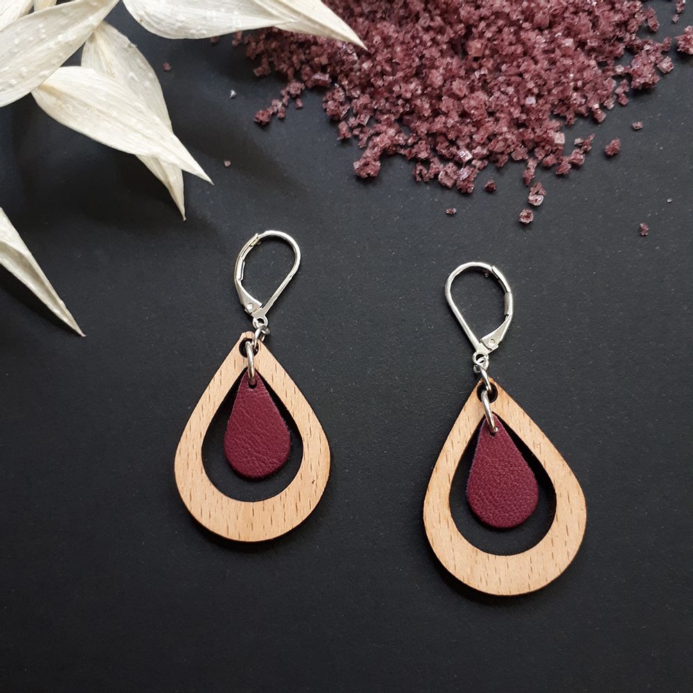 Jewelry - Earring and necklace AMANDE with wood and leather - NI UNE NI DEUX BIJOUX