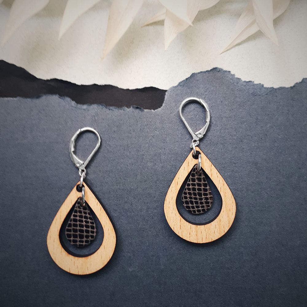 Jewelry - Earring and necklace AMANDE with wood and leather - NI UNE NI DEUX BIJOUX