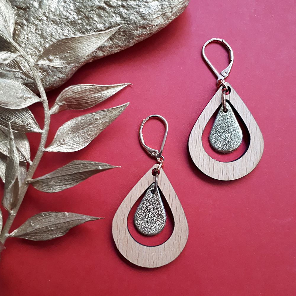 Jewelry - Earring and necklace AMANDE with wood and leather - NI UNE NI DEUX BIJOUX