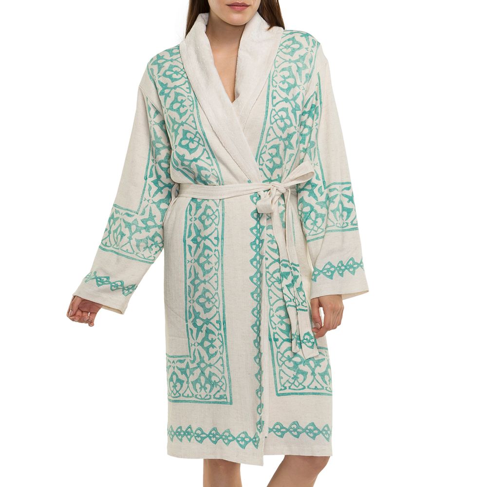 Bath towels - HANDWOVEN HANDPRINTED BATHROBE WITH TERRY HOMEWEAR COTTON LINEN - LALAY
