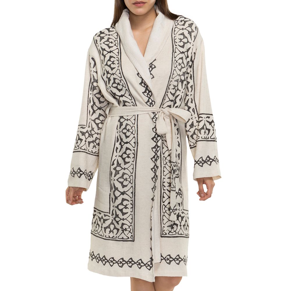 Bath towels - HANDWOVEN HANDPRINTED BATHROBE WITH TERRY HOMEWEAR COTTON LINEN - LALAY