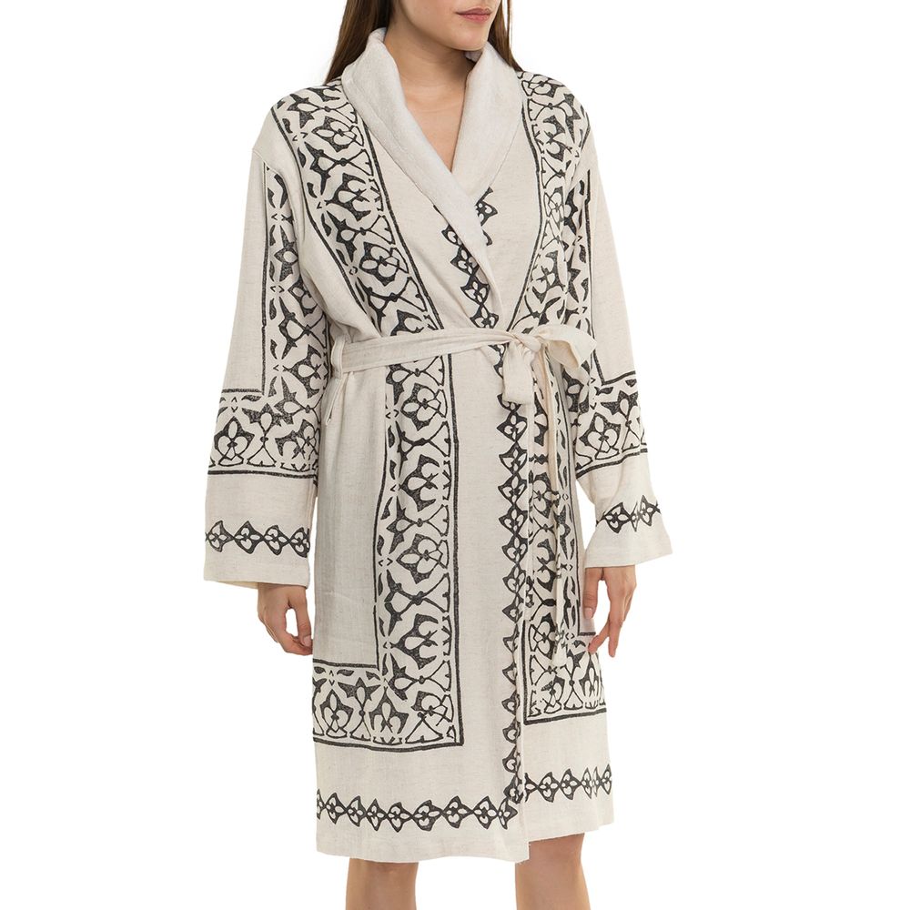 Bath towels - HANDWOVEN HANDPRINTED BATHROBE WITH TERRY HOMEWEAR COTTON LINEN - LALAY