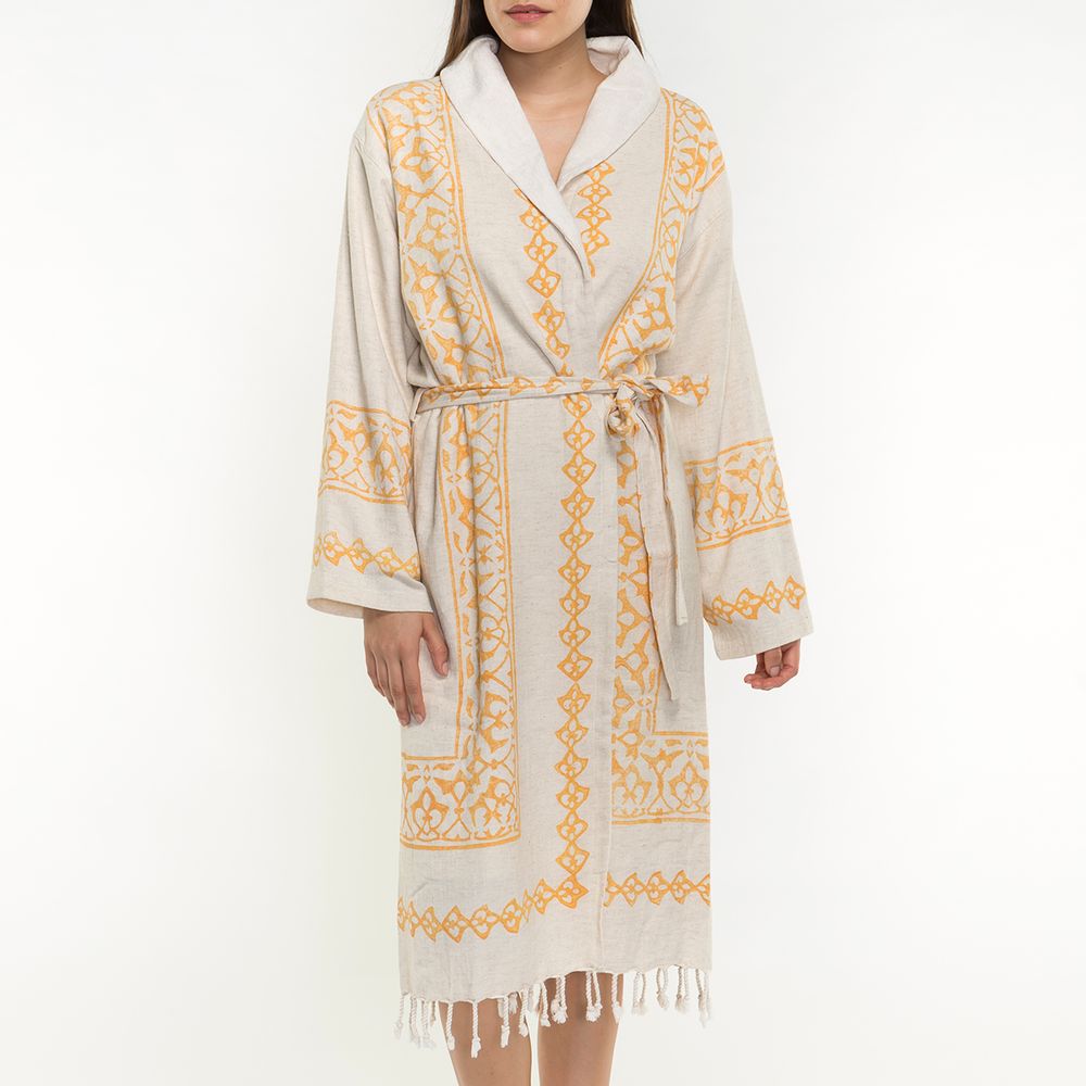 Bath towels - HANDWOVEN HANDPRINTED BATHROBE WITH TERRY HOMEWEAR COTTON LINEN - LALAY