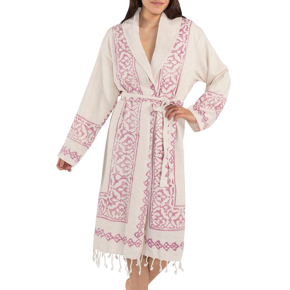Bath towels - HANDWOVEN HANDPRINTED BATHROBE WITH TERRY HOMEWEAR COTTON LINEN - LALAY