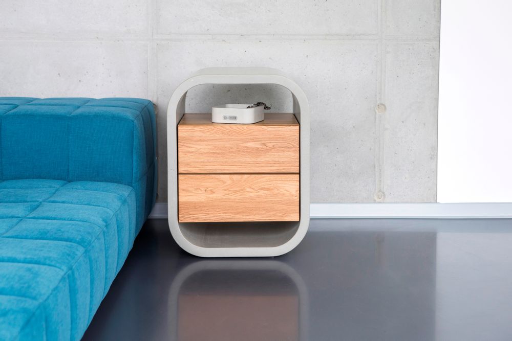 Night tables - OPUS PATEO/SECRETO Concrete and Solid Wood Bedside Table/Small Sideboard with shelf/drawer/door - CO33 EXKLUSIVE BETONMÖBEL