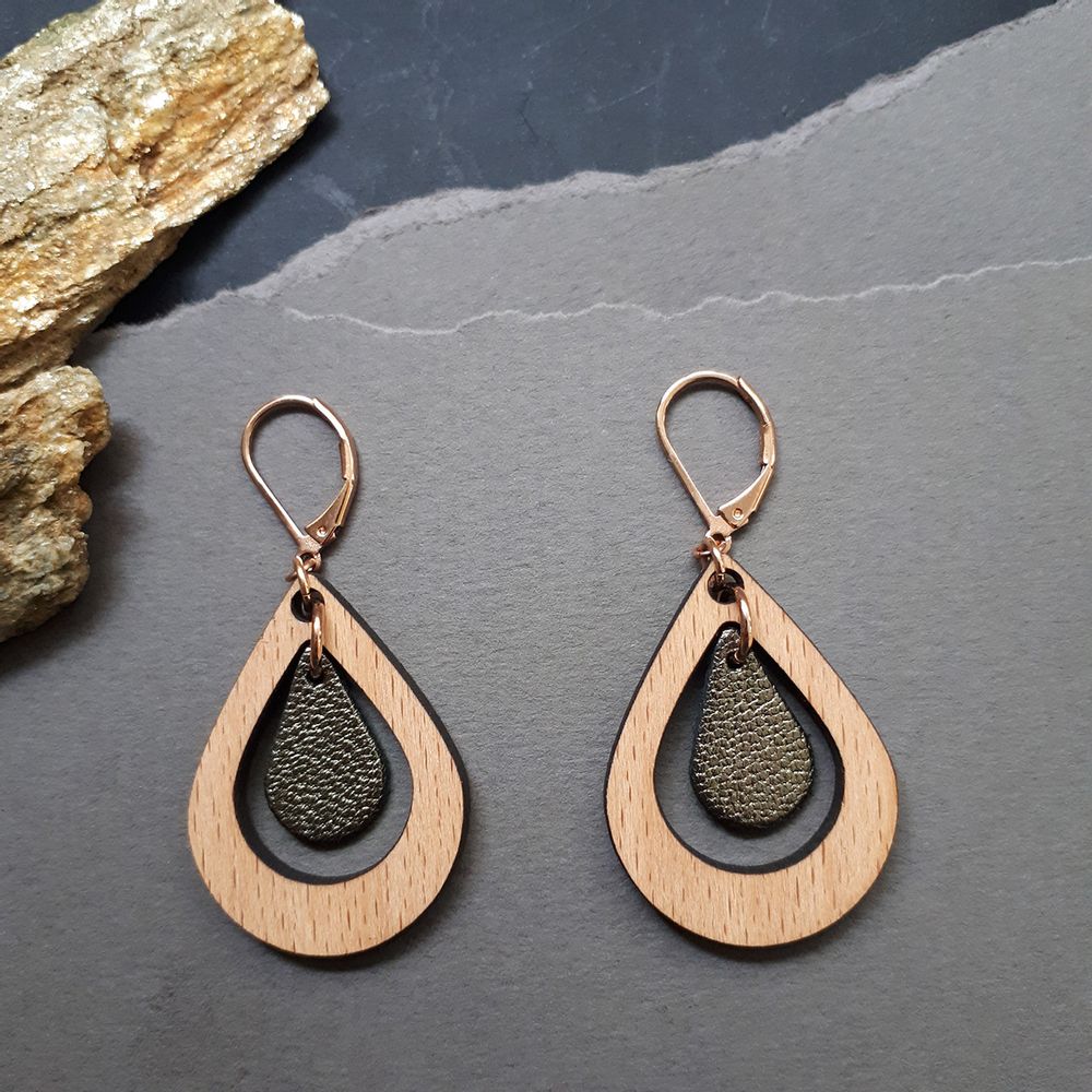Jewelry - Earring and necklace AMANDE with wood and leather - NI UNE NI DEUX BIJOUX