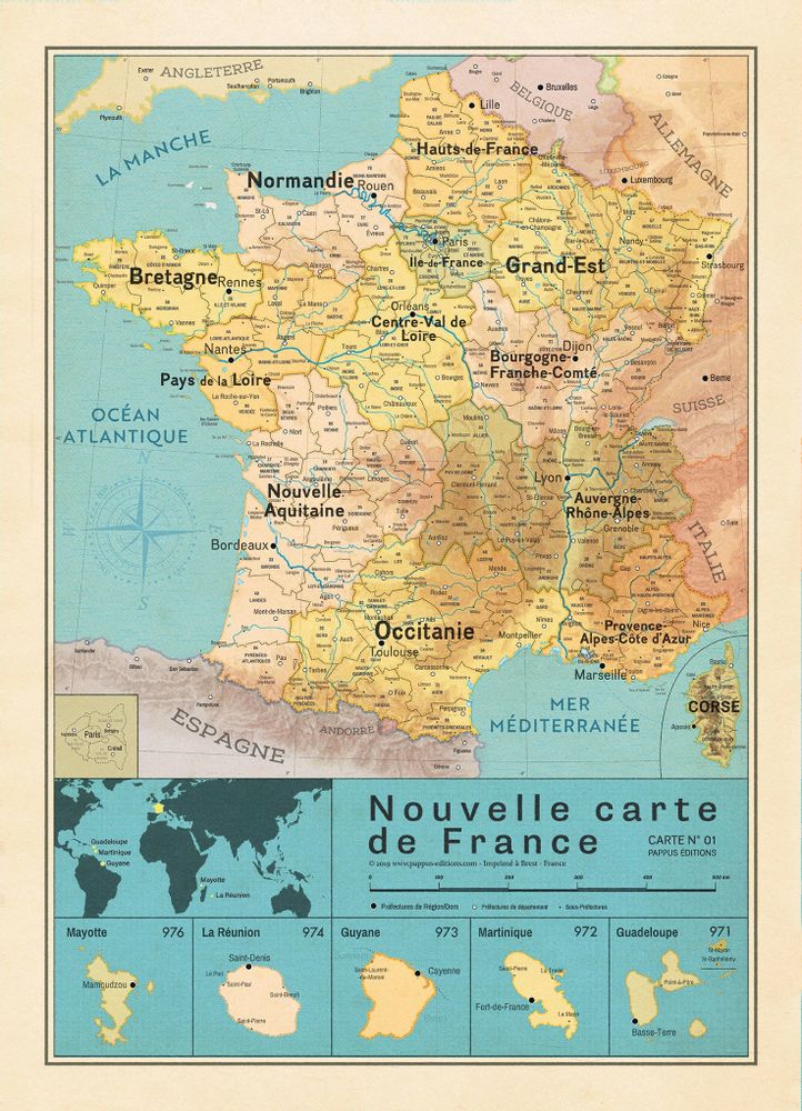 Objets déco enfant - Affiche Nouvelle carte de France vintage  - PAPPUS ÉDITIONS