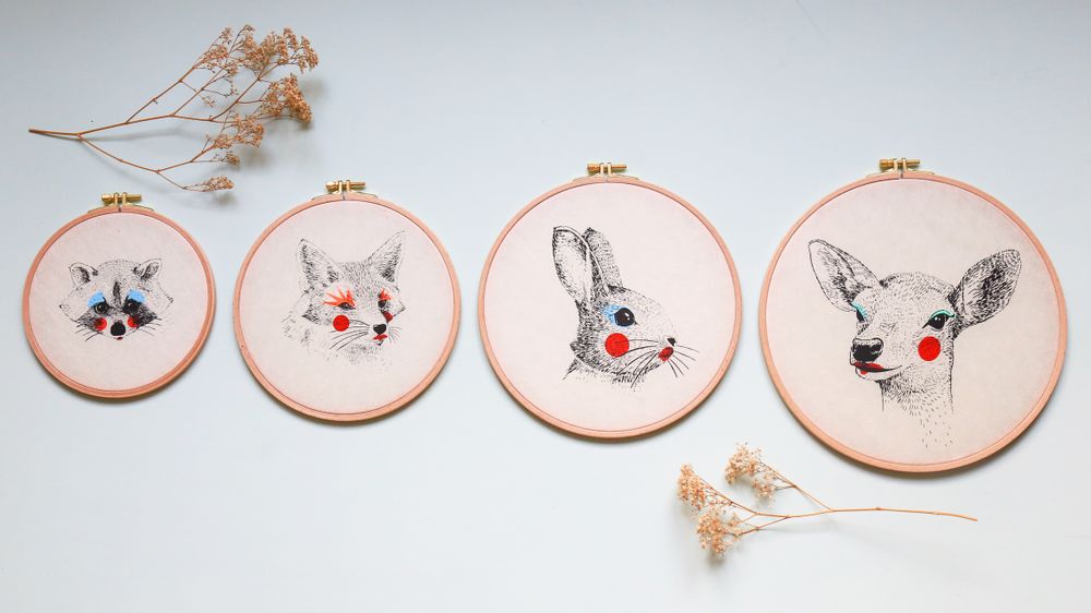 Other wall decoration - Silkscreen print on Japanese paper and embroidery drum - “Painted Animals” Dream Drum Collection - PAPPUS ÉDITIONS