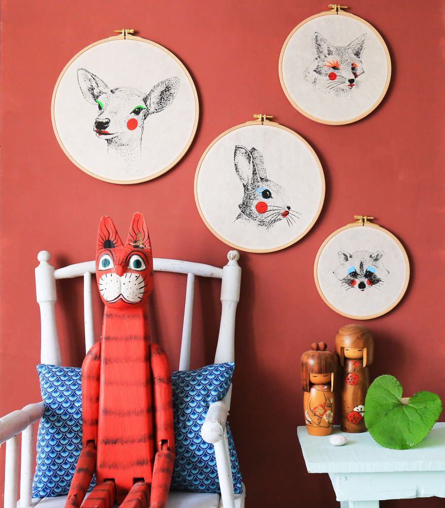 Other wall decoration - Silkscreen print on Japanese paper and embroidery drum - “Painted Animals” Dream Drum Collection - PAPPUS ÉDITIONS