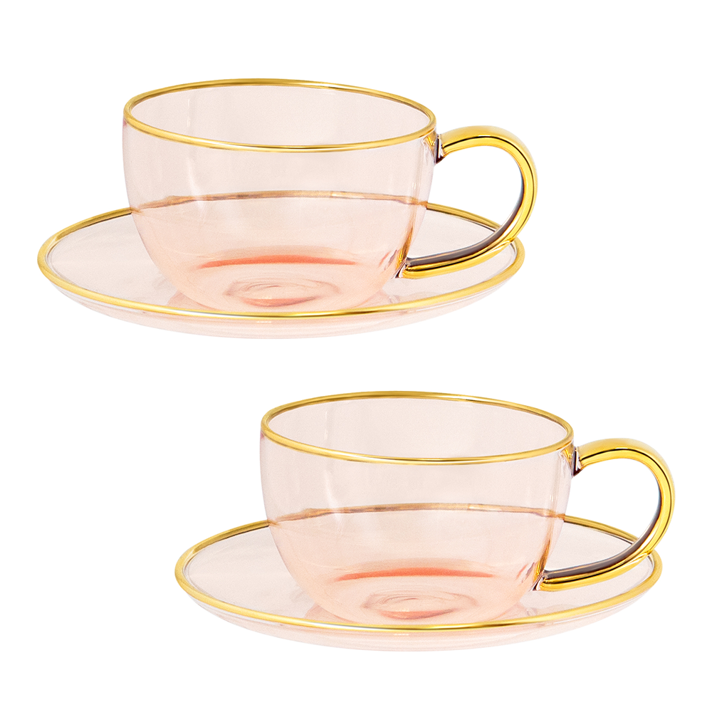 Cadeaux - Lot de 2 tasses à thé et soucoupe en verre rose - CRISTINA RE