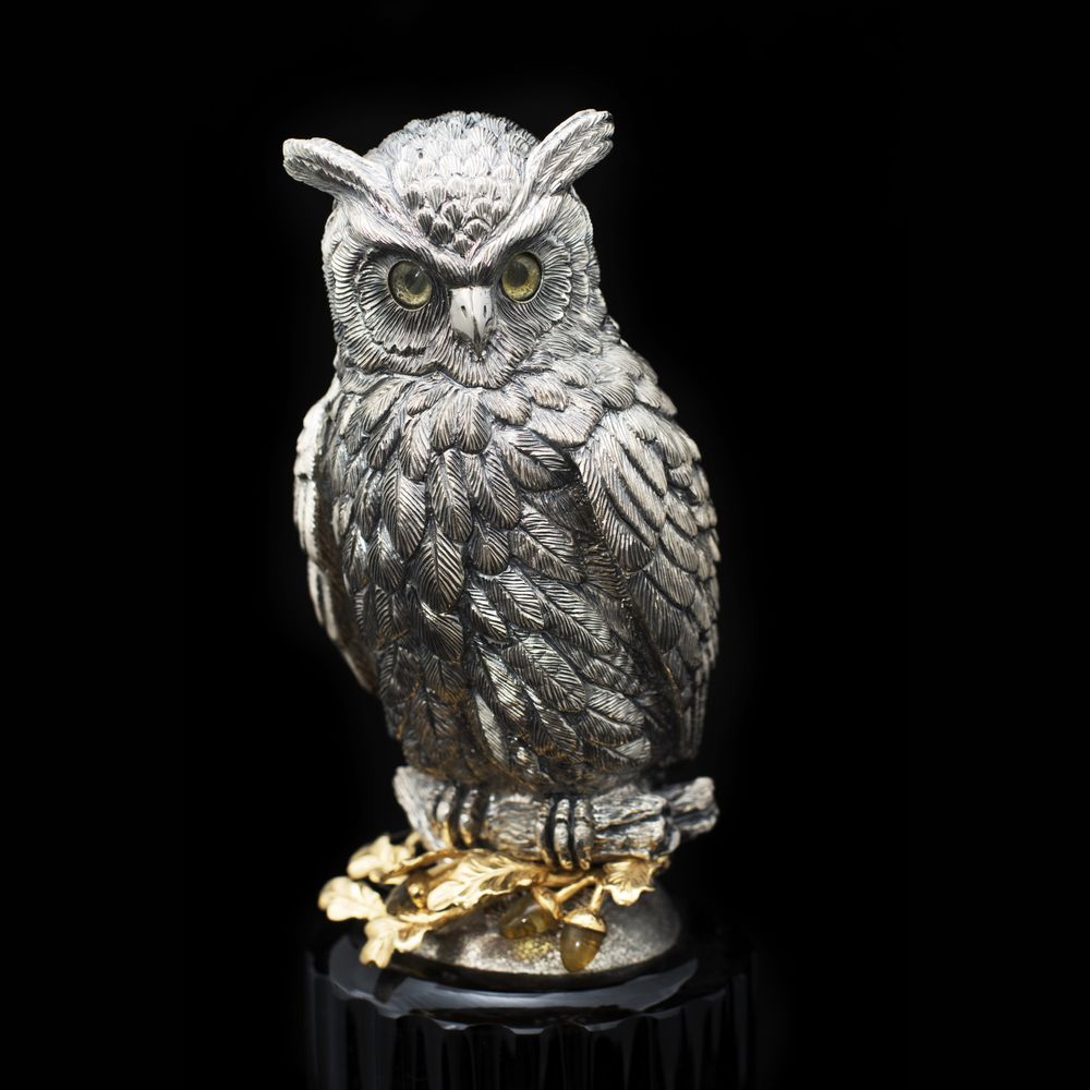 Sculptures, statuettes et miniatures - Eagle Owl Silver Sculpture with Obsidian - ORMAS GROUP