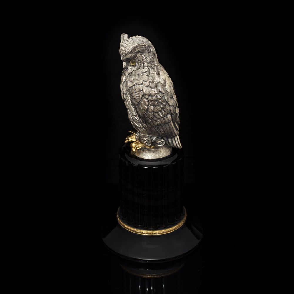 Sculptures, statuettes et miniatures - Eagle Owl Silver Sculpture with Obsidian - ORMAS GROUP