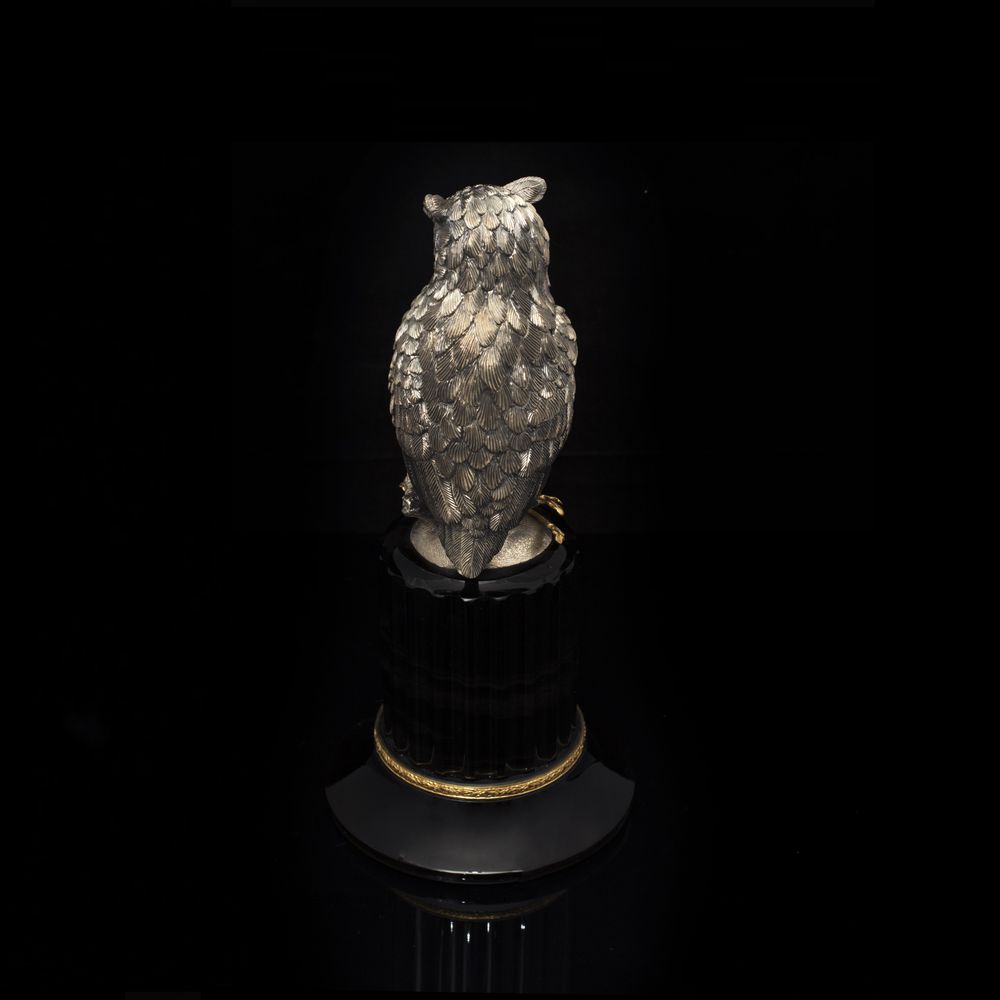 Sculptures, statuettes et miniatures - Eagle Owl Silver Sculpture with Obsidian - ORMAS GROUP